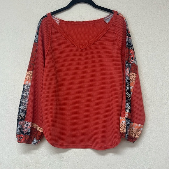 Boho womans waffle knit v neck boho top size L - Picture 1 of 4